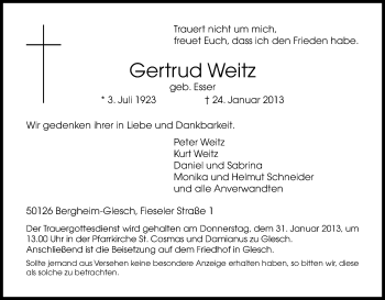 Anzeige von Gertrud Weitz von Kölner Stadt-Anzeiger / Kölnische Rundschau / Express