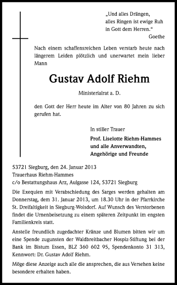 Anzeige von Gustav Adolf Riehm von Kölner Stadt-Anzeiger / Kölnische Rundschau / Express
