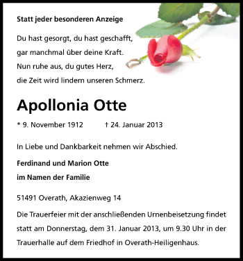 Anzeige von Apollonia Otte von Kölner Stadt-Anzeiger / Kölnische Rundschau / Express