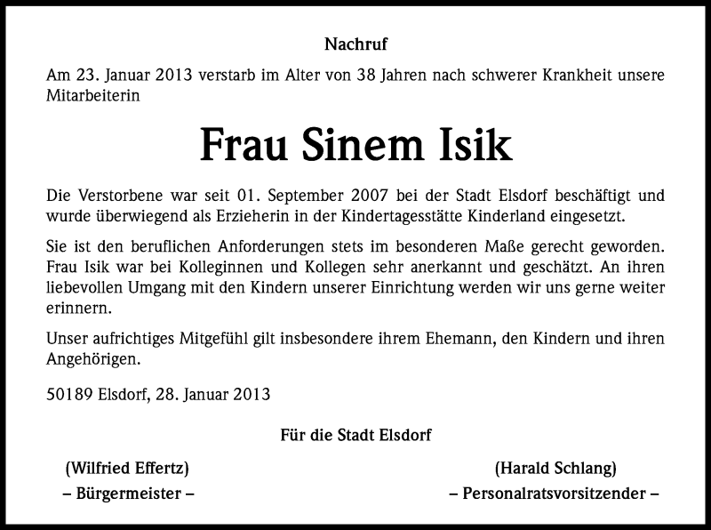  Traueranzeige für Sinem Isik vom 29.01.2013 aus Kölner Stadt-Anzeiger / Kölnische Rundschau / Express
