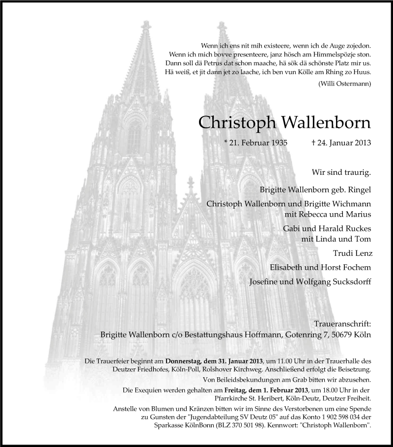  Traueranzeige für Christoph Wallenborn vom 28.01.2013 aus Kölner Stadt-Anzeiger / Kölnische Rundschau / Express