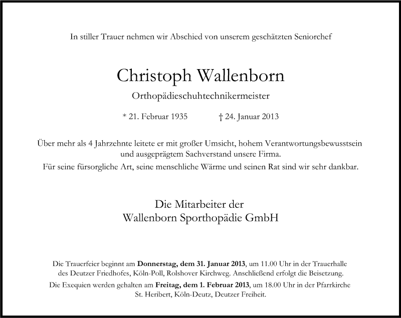  Traueranzeige für Christoph Wallenborn vom 28.01.2013 aus Kölner Stadt-Anzeiger / Kölnische Rundschau / Express