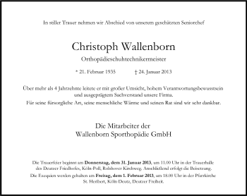 Anzeige von Christoph Wallenborn von Kölner Stadt-Anzeiger / Kölnische Rundschau / Express