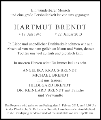 Anzeige von Hartmut Brendt von Kölner Stadt-Anzeiger / Kölnische Rundschau / Express