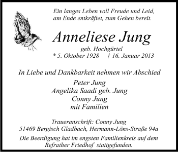 Anzeige von Anneliese Jung von Kölner Stadt-Anzeiger / Kölnische Rundschau / Express