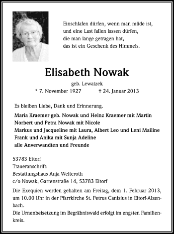 Anzeige von Elisabeth Nowak von Kölner Stadt-Anzeiger / Kölnische Rundschau / Express