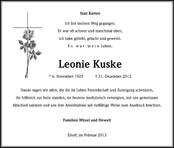 Anzeige von Leonie Kuske von Kölner Stadt-Anzeiger / Kölnische Rundschau / Express