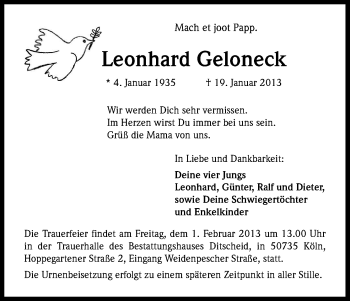 Anzeige von Leonhard Geloneck von Kölner Stadt-Anzeiger / Kölnische Rundschau / Express