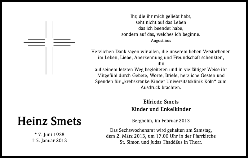 Traueranzeige für Heinz Smets vom 23.02.2013 aus Kölner Stadt-Anzeiger / Kölnische Rundschau / Express