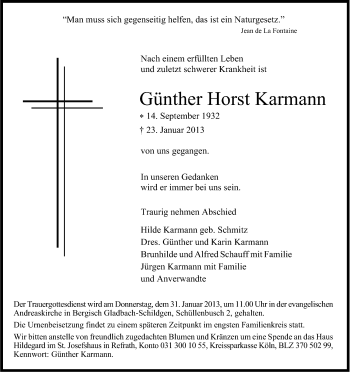 Anzeige von Günther Horst Karmann von Kölner Stadt-Anzeiger / Kölnische Rundschau / Express