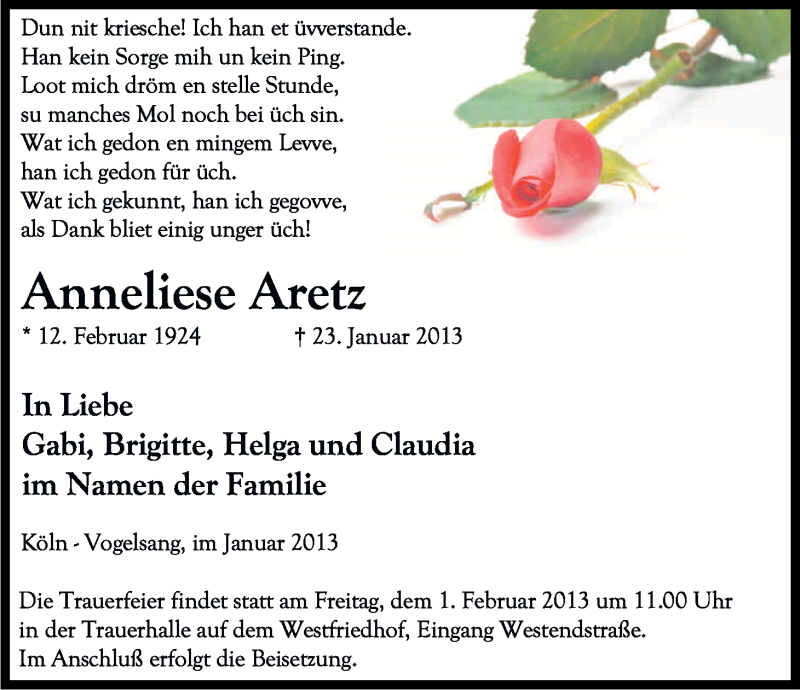  Traueranzeige für Anneliese Aretz vom 29.01.2013 aus Kölner Stadt-Anzeiger / Kölnische Rundschau / Express
