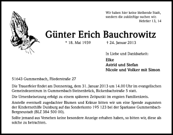 Anzeige von Günter Erich Bauchrowitz von Kölner Stadt-Anzeiger / Kölnische Rundschau / Express