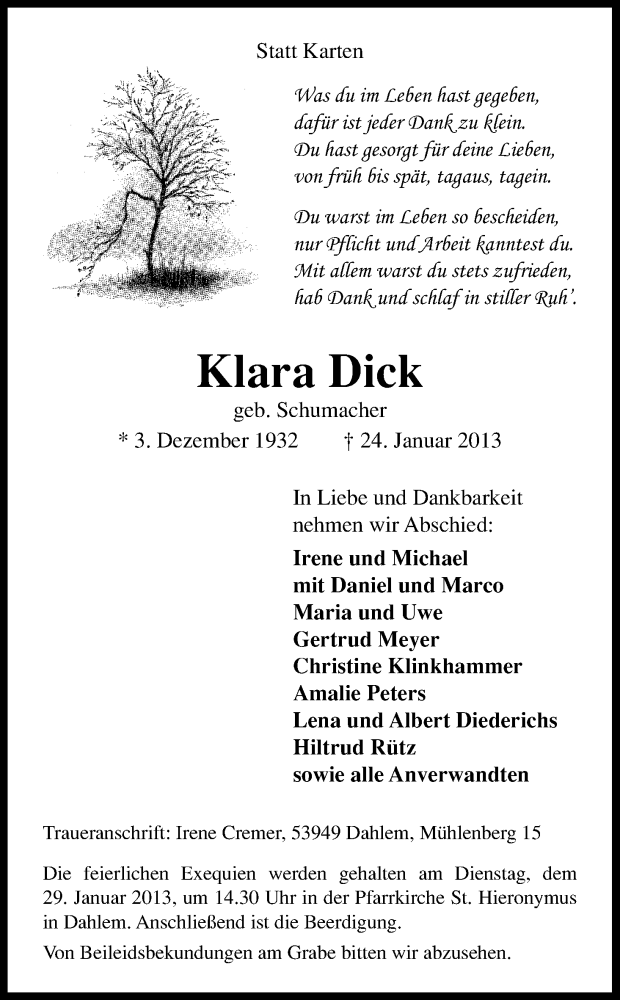  Traueranzeige für Klara Dick vom 28.01.2013 aus Kölner Stadt-Anzeiger / Kölnische Rundschau / Express