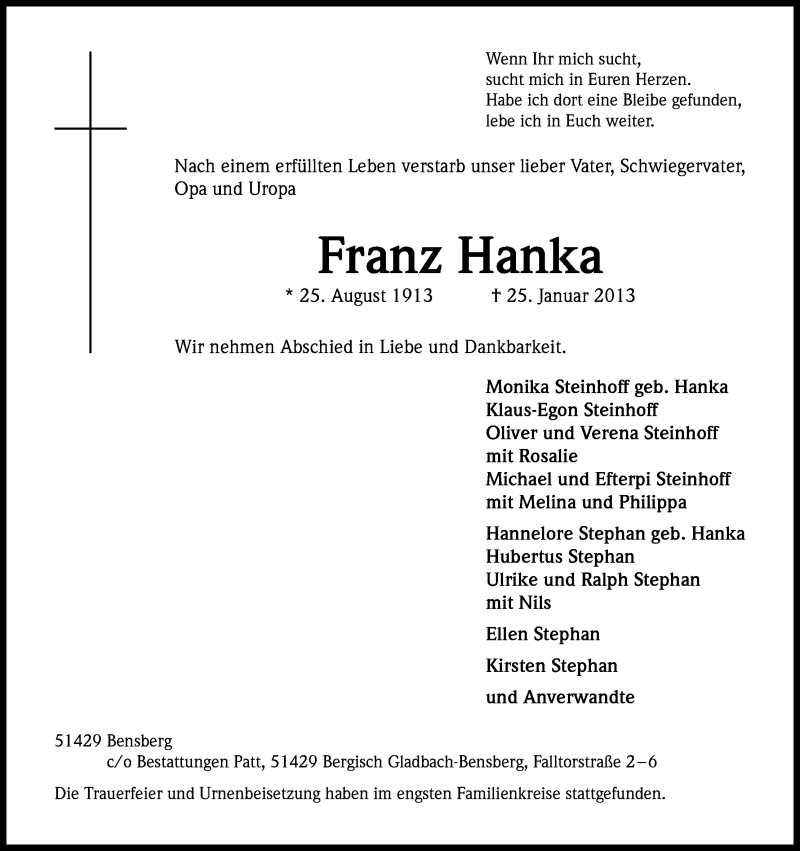  Traueranzeige für Franz Hanke vom 05.02.2013 aus Kölner Stadt-Anzeiger / Kölnische Rundschau / Express