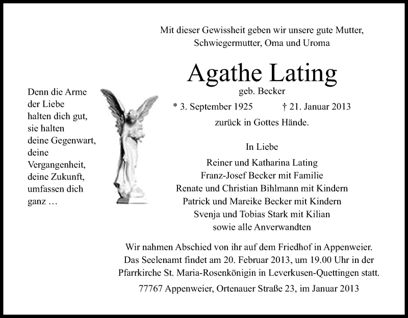  Traueranzeige für Agathe Lating vom 30.01.2013 aus Kölner Stadt-Anzeiger / Kölnische Rundschau / Express