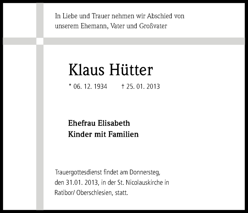  Traueranzeige für Klaus Hütter vom 30.01.2013 aus Kölner Stadt-Anzeiger / Kölnische Rundschau / Express
