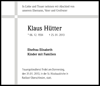 Anzeige von Klaus Hütter von Kölner Stadt-Anzeiger / Kölnische Rundschau / Express