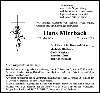 Anzeige von Hans Mierbach von Kölner Stadt-Anzeiger / Kölnische Rundschau / Express