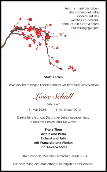 Anzeige von Luise Schall von Kölner Stadt-Anzeiger / Kölnische Rundschau / Express