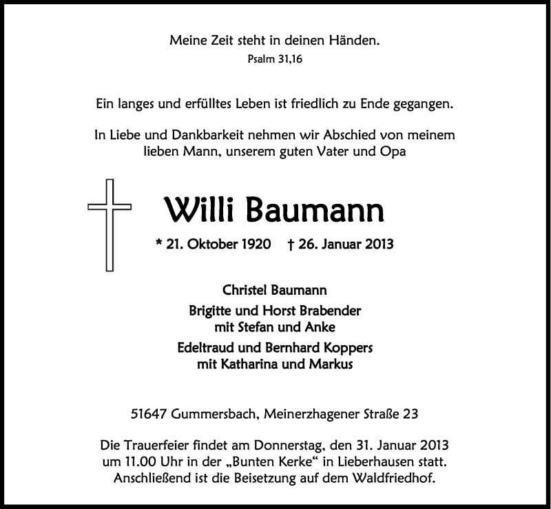 Traueranzeige für Willi Baumann vom 29.01.2013 aus Kölner Stadt-Anzeiger / Kölnische Rundschau / Express