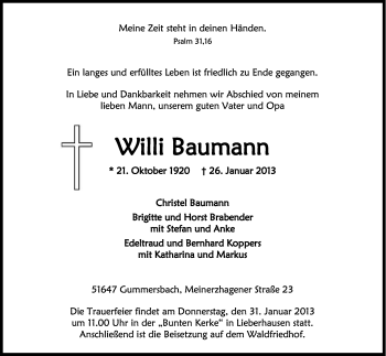 Anzeige von Willi Baumann von Kölner Stadt-Anzeiger / Kölnische Rundschau / Express