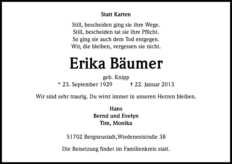  Traueranzeige für Erika Bäumer vom 30.01.2013 aus Kölner Stadt-Anzeiger / Kölnische Rundschau / Express