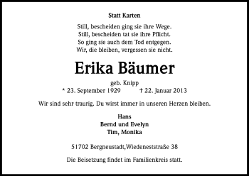 Anzeige von Erika Bäumer von Kölner Stadt-Anzeiger / Kölnische Rundschau / Express