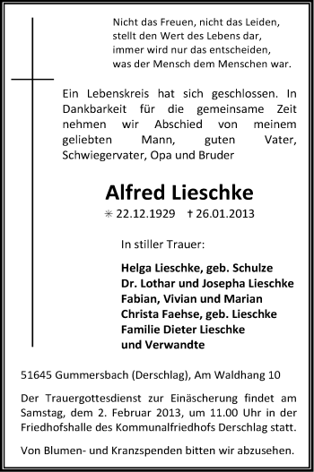 Anzeige von Alfred Lieschke von Kölner Stadt-Anzeiger / Kölnische Rundschau / Express