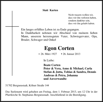 Anzeige von Egon Corten von Kölner Stadt-Anzeiger / Kölnische Rundschau / Express