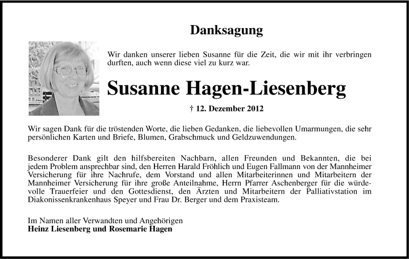  Traueranzeige für Susanne Hagen-Liesenberg vom 02.02.2013 aus Kölner Stadt-Anzeiger / Kölnische Rundschau / Express