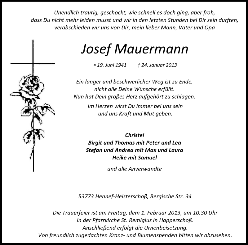  Traueranzeige für Josef Mauermann vom 29.01.2013 aus Kölner Stadt-Anzeiger / Kölnische Rundschau / Express