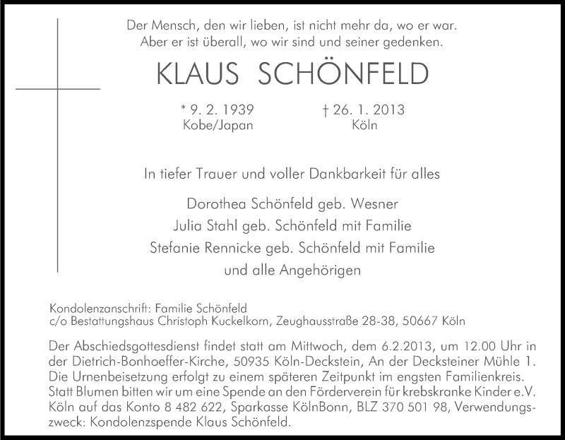  Traueranzeige für Klaus Schönfeld vom 02.02.2013 aus Kölner Stadt-Anzeiger / Kölnische Rundschau / Express
