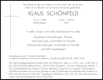 Anzeige von Klaus Schönfeld von Kölner Stadt-Anzeiger / Kölnische Rundschau / Express