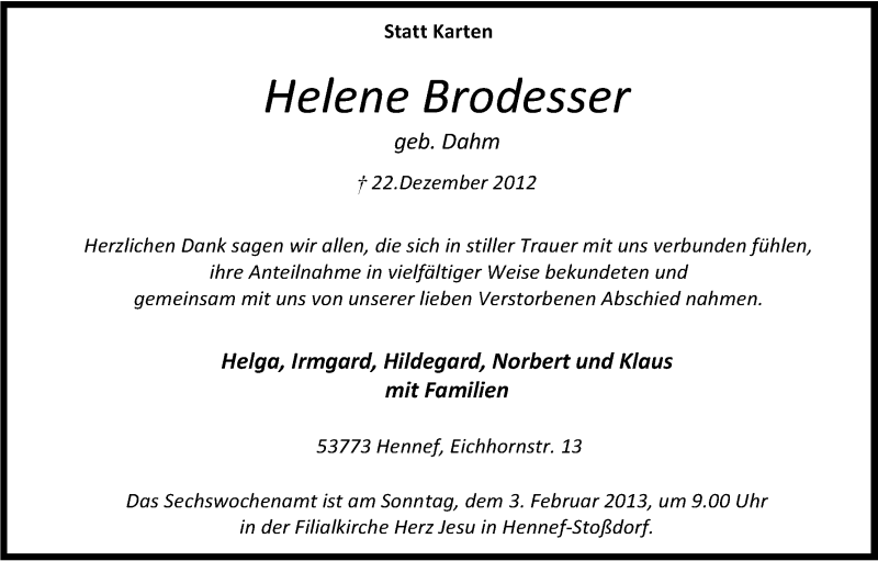  Traueranzeige für Helene Brodesser vom 29.01.2013 aus Kölner Stadt-Anzeiger / Kölnische Rundschau / Express