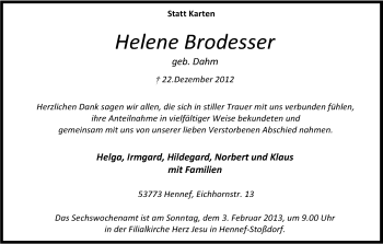Anzeige von Helene Brodesser von Kölner Stadt-Anzeiger / Kölnische Rundschau / Express
