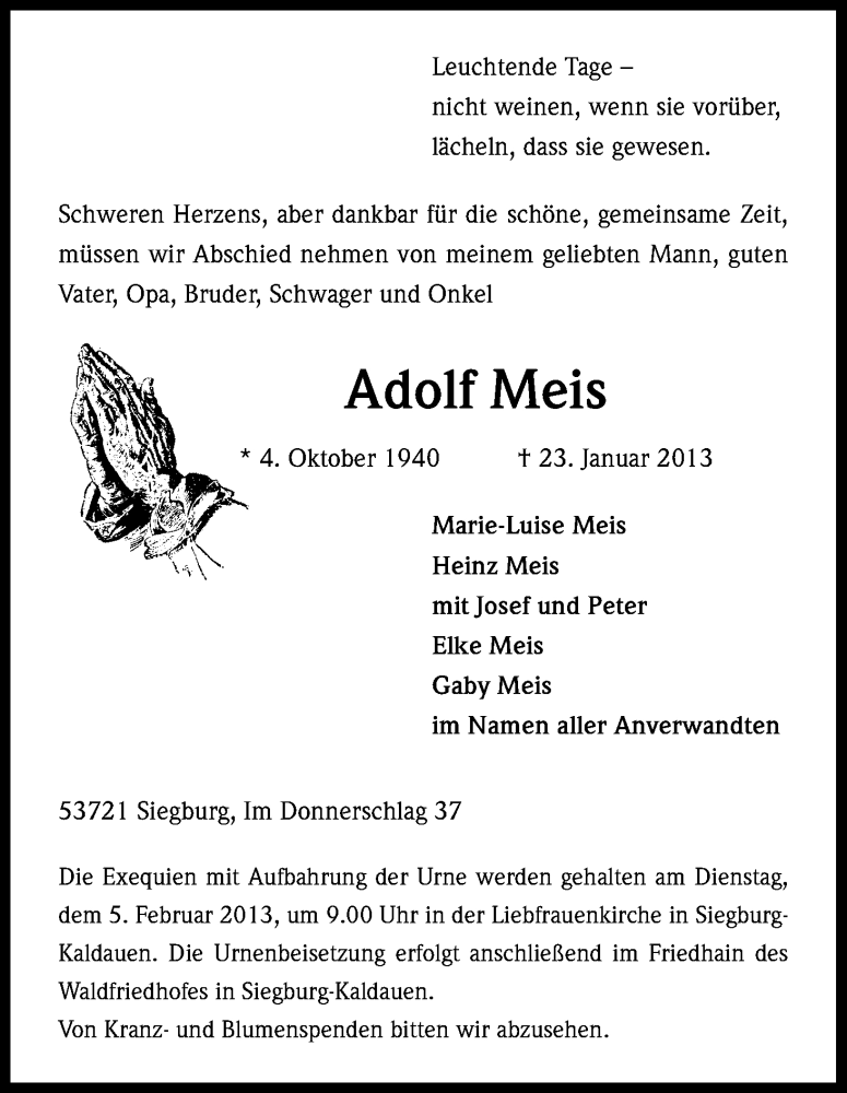  Traueranzeige für Adolf Meis vom 29.01.2013 aus Kölner Stadt-Anzeiger / Kölnische Rundschau / Express