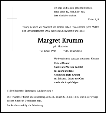 Anzeige von Margret Krumm von Kölner Stadt-Anzeiger / Kölnische Rundschau / Express