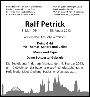 Anzeige von Ralf Petrick von Kölner Stadt-Anzeiger / Kölnische Rundschau / Express