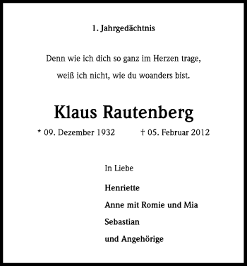 Anzeige von Klaus Rautenberg von Kölner Stadt-Anzeiger / Kölnische Rundschau / Express
