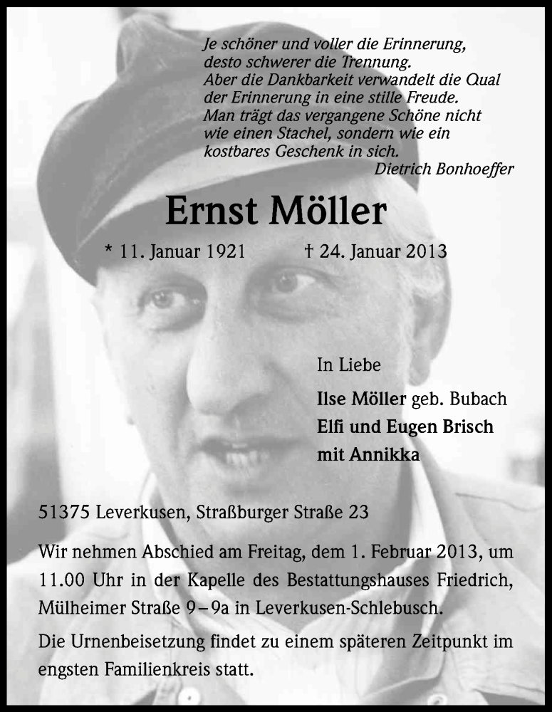  Traueranzeige für Ernst Müller vom 30.01.2013 aus Kölner Stadt-Anzeiger / Kölnische Rundschau / Express