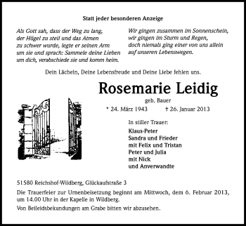 Anzeige von Rosemarie Leidig von Kölner Stadt-Anzeiger / Kölnische Rundschau / Express