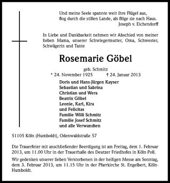 Anzeige von Rosemarie Göbel von Kölner Stadt-Anzeiger / Kölnische Rundschau / Express