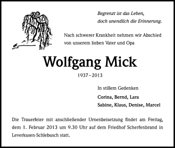 Anzeige von Wolfgang Mick von Kölner Stadt-Anzeiger / Kölnische Rundschau / Express