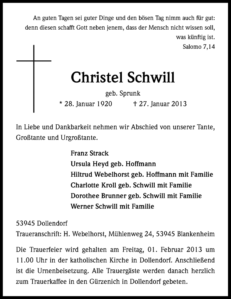  Traueranzeige für Christel Schwill vom 29.01.2013 aus Kölner Stadt-Anzeiger / Kölnische Rundschau / Express