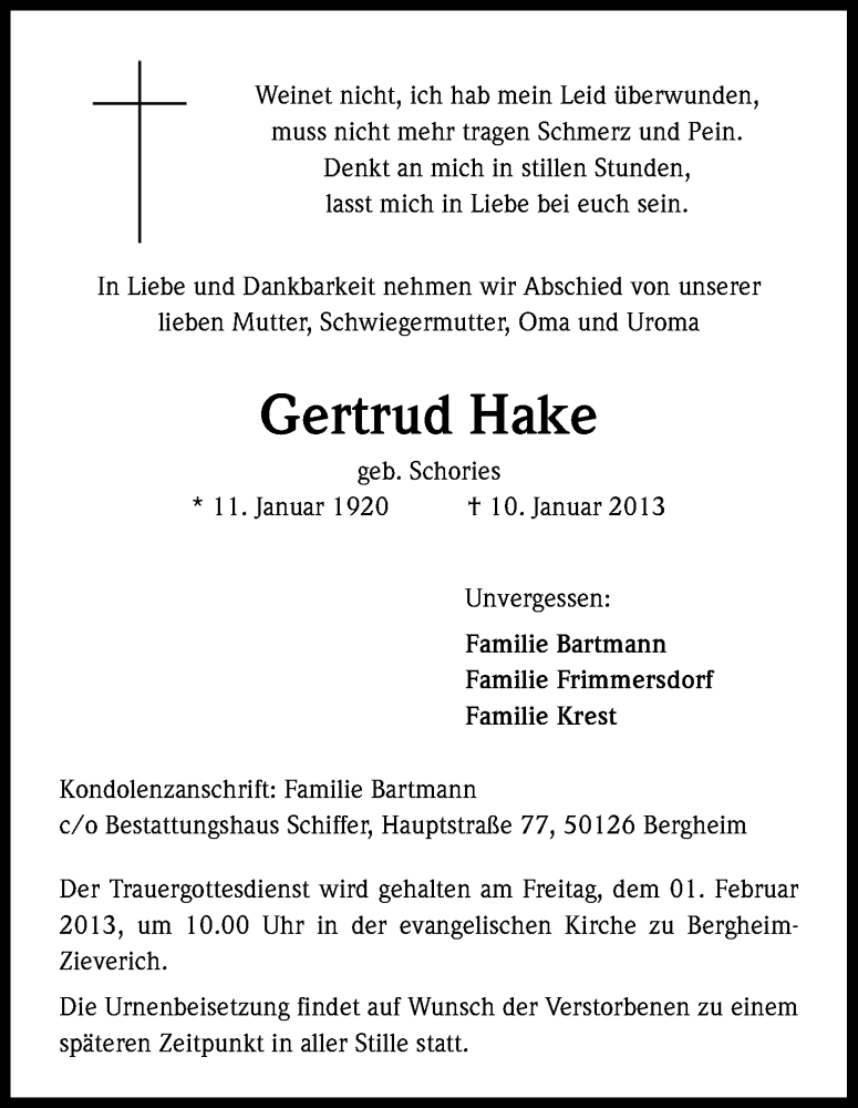  Traueranzeige für Gertrud Hake vom 29.01.2013 aus Kölner Stadt-Anzeiger / Kölnische Rundschau / Express