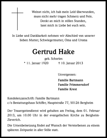 Anzeige von Gertrud Hake von Kölner Stadt-Anzeiger / Kölnische Rundschau / Express