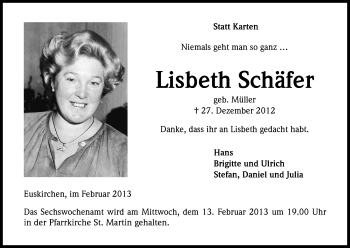 Anzeige von Lisbeth Schäfer von Kölner Stadt-Anzeiger / Kölnische Rundschau / Express