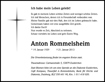 Anzeige von Anton Rommelsheim von Kölner Stadt-Anzeiger / Kölnische Rundschau / Express