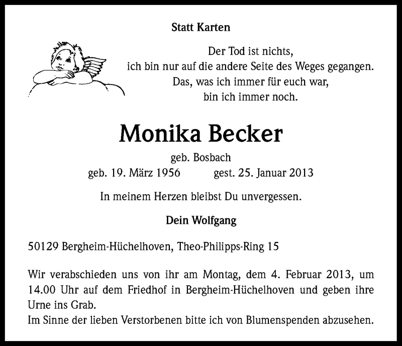  Traueranzeige für Monika Becker vom 02.02.2013 aus Kölner Stadt-Anzeiger / Kölnische Rundschau / Express