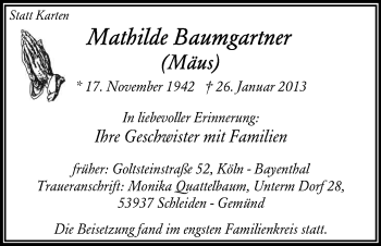 Anzeige von Mathilde Baumgartner von Kölner Stadt-Anzeiger / Kölnische Rundschau / Express